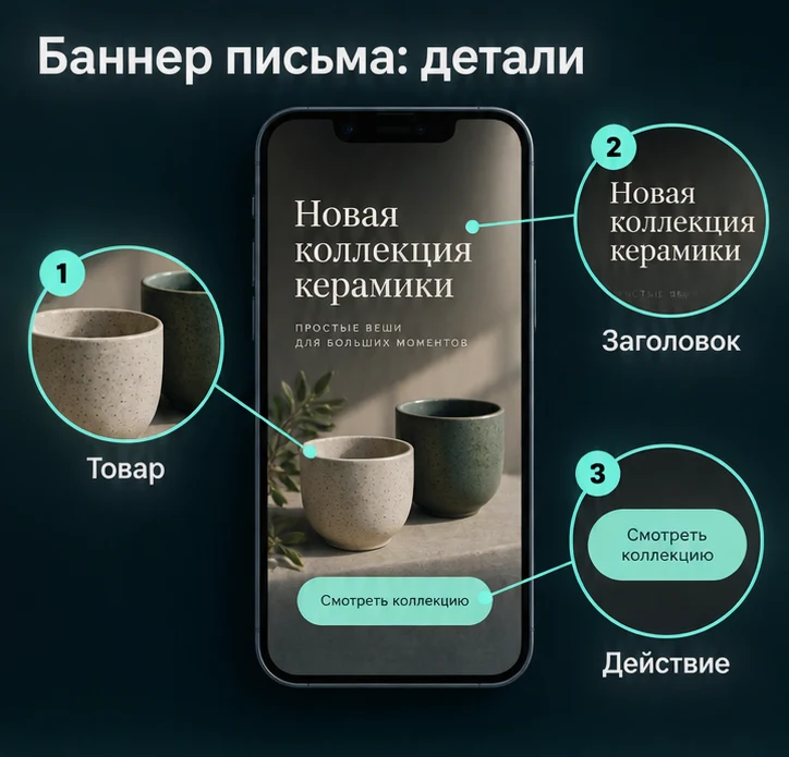 Баннер письма: Товар, Заголовок, Действие — визуальные ориентиры проверки