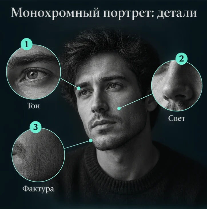 Монохромный портрет: Тон, Свет, Фактура — визуальные ориентиры проверки