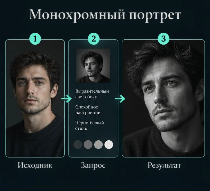 Чёрно-белый портрет по фото с ИИ: Подготовить исходник → Настроить запрос → Проверить результат