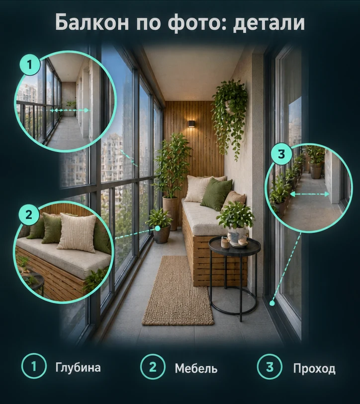 Балкон по фото: Глубина, Мебель, Проход — визуальные ориентиры проверки