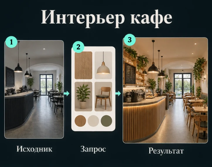 Концепт интерьера кафе по фото с ИИ: Подготовить исходник → Настроить запрос → Проверить результат