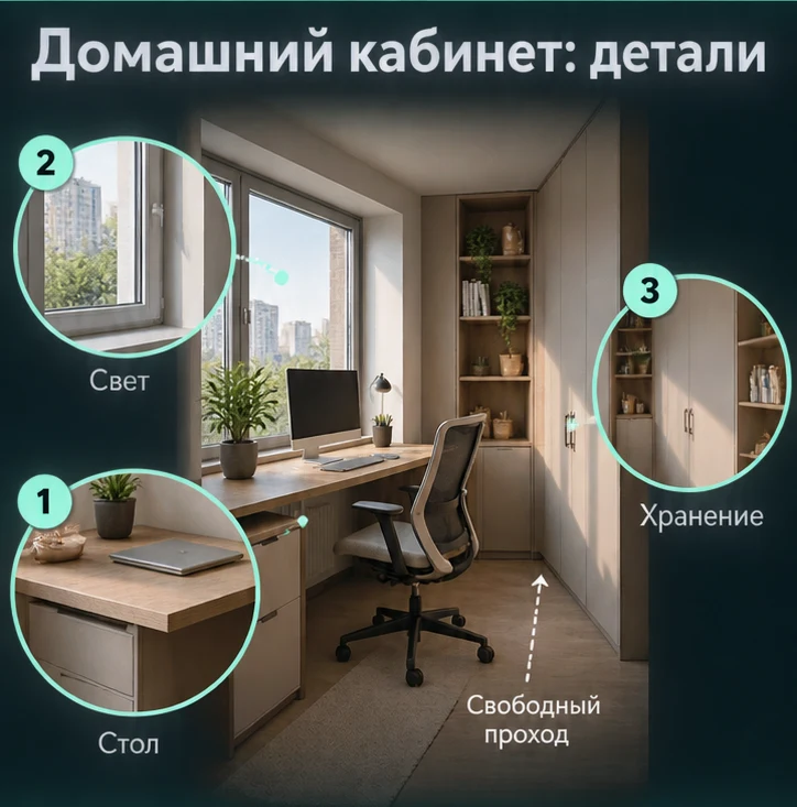 Домашний кабинет: Стол, Свет, Хранение — визуальные ориентиры проверки