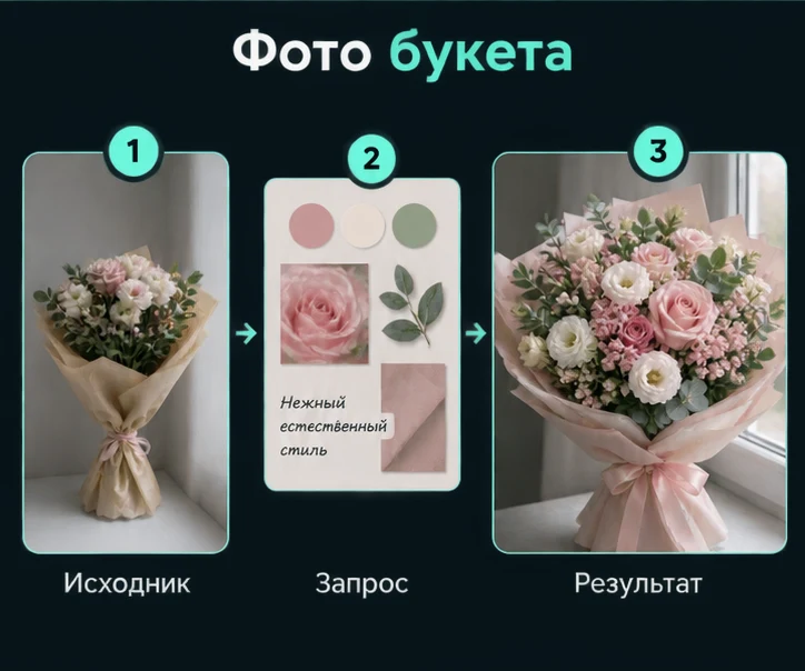 Создать фото букета с помощью ИИ: Подготовить исходник → Настроить запрос → Проверить результат