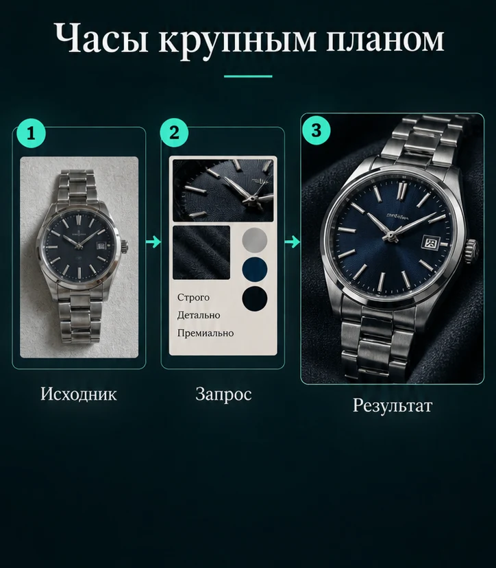 Макрофото часов с помощью нейросети: Подготовить исходник → Настроить запрос → Проверить результат