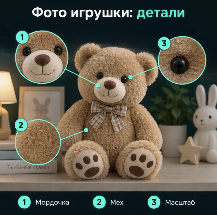 Фото игрушки: Мордочка, Мех, Масштаб — визуальные ориентиры проверки