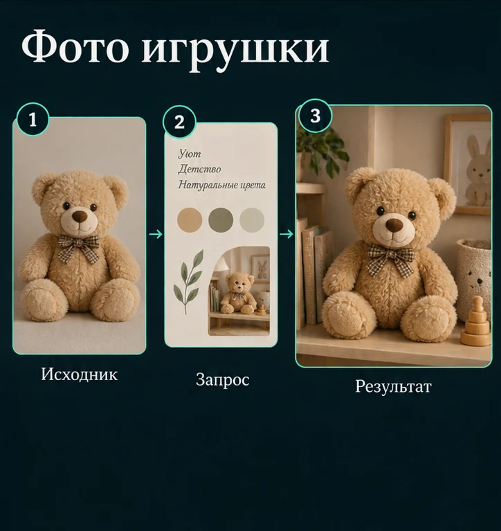 Фото игрушки для карточки товара с ИИ: Подготовить исходник → Настроить запрос → Проверить результат