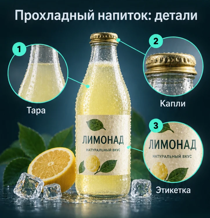 Прохладный напиток: Тара, Капли, Этикетка — визуальные ориентиры проверки