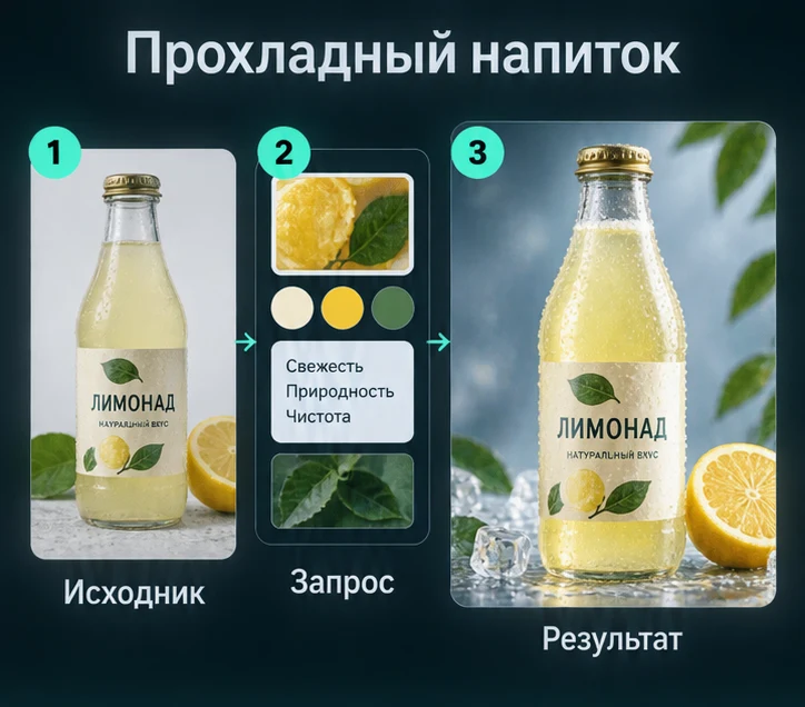 Рекламное фото напитка с нейросетью: Подготовить исходник → Настроить запрос → Проверить результат