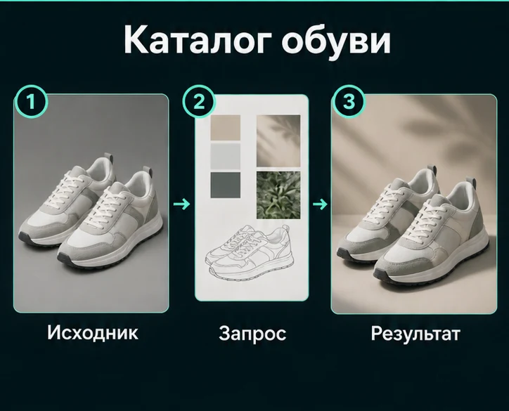 Создать каталожное фото обуви с ИИ: Подготовить исходник → Настроить запрос → Проверить результат