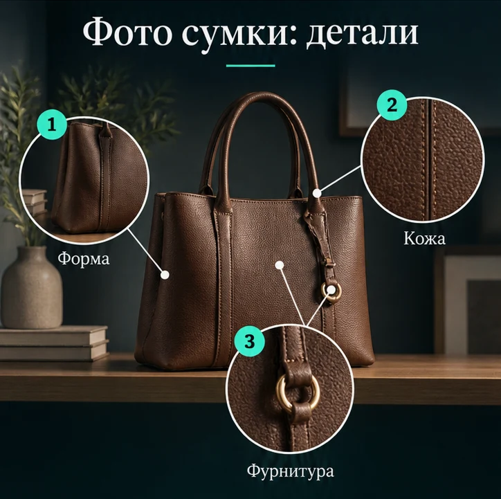 Фото сумки: Форма, Кожа, Фурнитура — визуальные ориентиры проверки