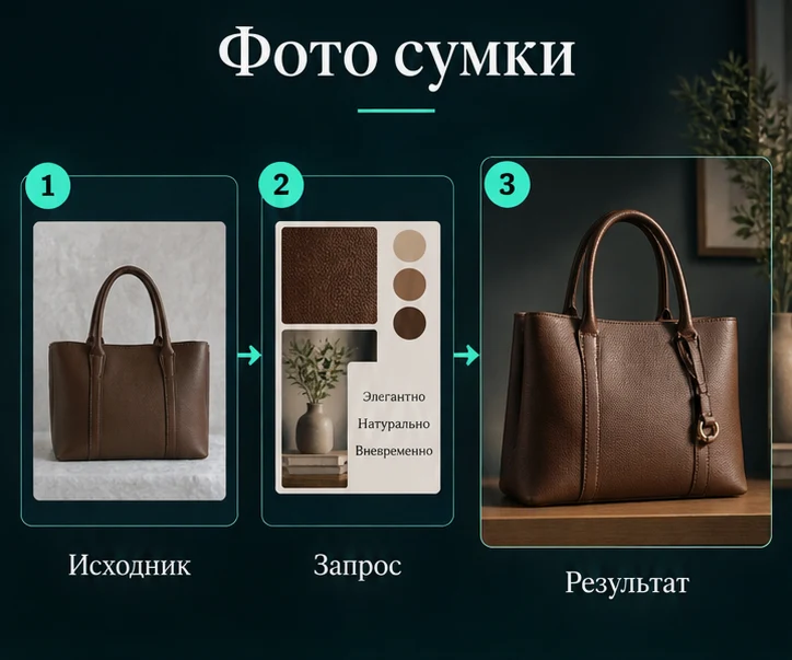 Фото сумки для магазина с помощью ИИ: Подготовить исходник → Настроить запрос → Проверить результат