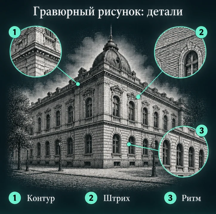 Гравюрный рисунок: Контур, Штрих, Ритм — визуальные ориентиры проверки