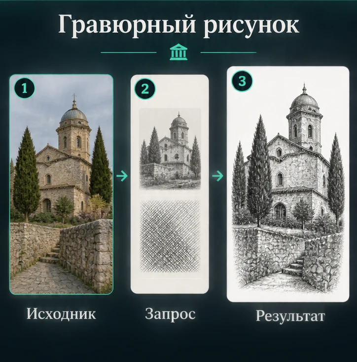 Превратить фотографию в гравюру с ИИ: Подготовить исходник → Настроить запрос → Проверить результат