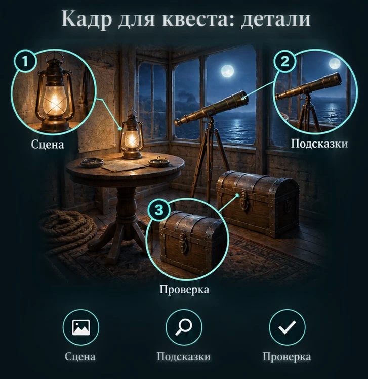 Кадр для квеста: Сцена, Подсказки, Проверка — визуальные ориентиры проверки