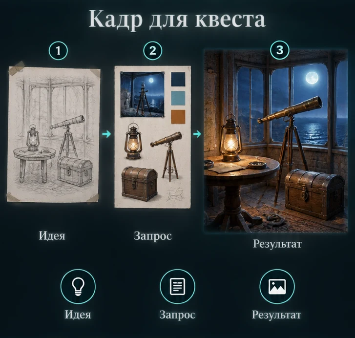 Создать иллюстрации для квеста с ИИ: Определить задачу → Настроить запрос → Проверить результат