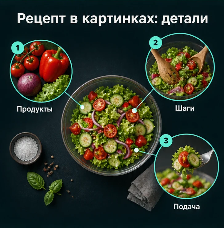 Рецепт в картинках: Продукты, Шаги, Подача — визуальные ориентиры проверки