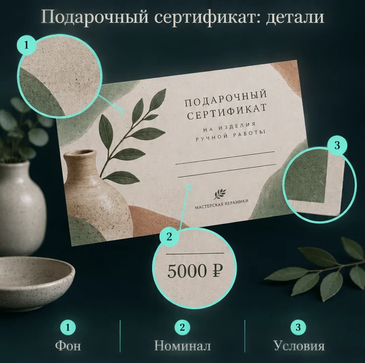 Подарочный сертификат: Фон, Номинал, Условия — визуальные ориентиры проверки