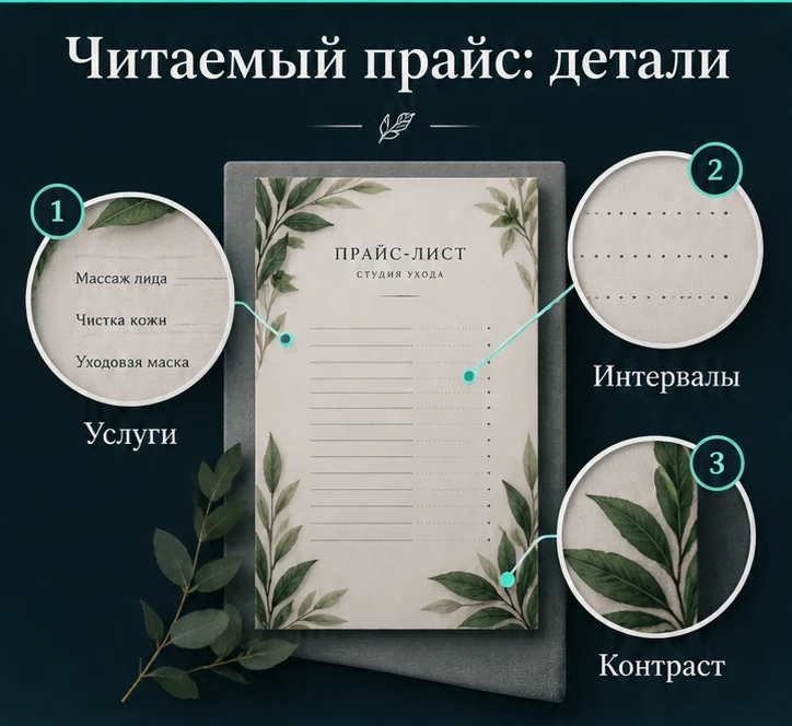 Читаемый прайс: Услуги, Интервалы, Контраст — визуальные ориентиры проверки