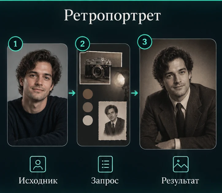 Ретропортрет по фото с нейросетью: Подготовить исходник → Настроить запрос → Проверить результат