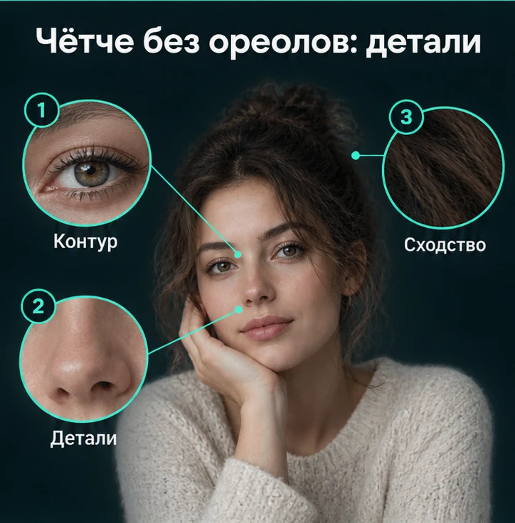 Чётче без ореолов: Контур, Детали, Сходство — визуальные ориентиры проверки