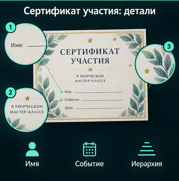 Сертификат участия: Имя, Событие, Иерархия — визуальные ориентиры проверки