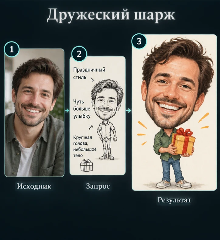 Дружеский шарж по фото с ИИ: Подготовить исходник → Настроить запрос → Проверить результат