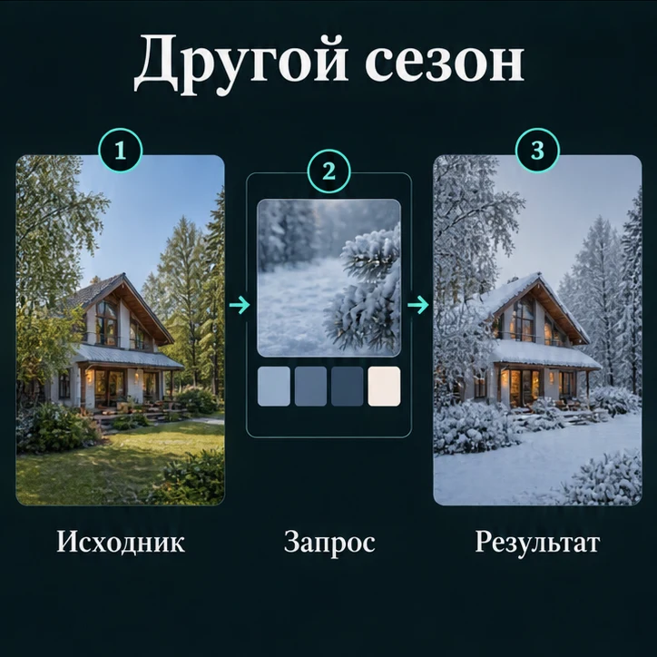Изменить время года на фото с ИИ: Подготовить исходник → Настроить запрос → Проверить результат