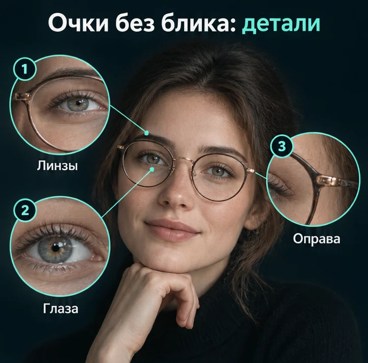 Очки без блика: Линзы, Глаза, Оправа — визуальные ориентиры проверки