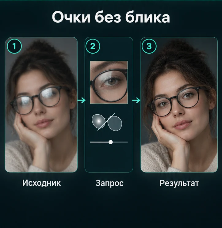 Убрать блики на очках на фото с ИИ: Подготовить исходник → Настроить запрос → Проверить результат