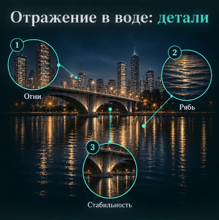 Отражение в воде: Огни, Рябь, Стабильность — визуальные ориентиры проверки