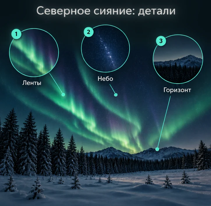 Северное сияние: Ленты, Небо, Горизонт — визуальные ориентиры проверки