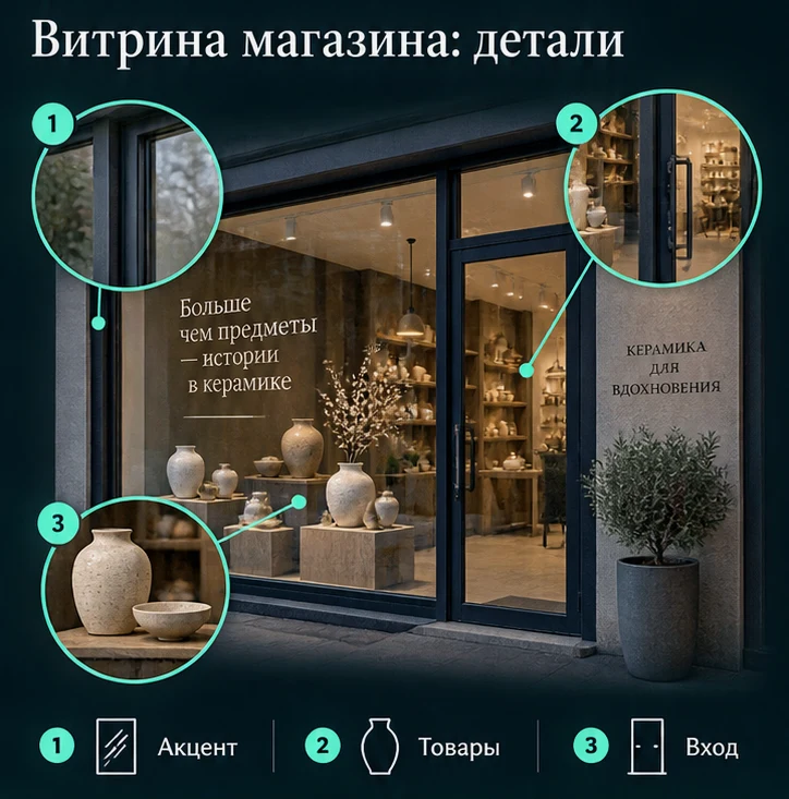 Витрина магазина: Акцент, Товары, Вход — визуальные ориентиры проверки