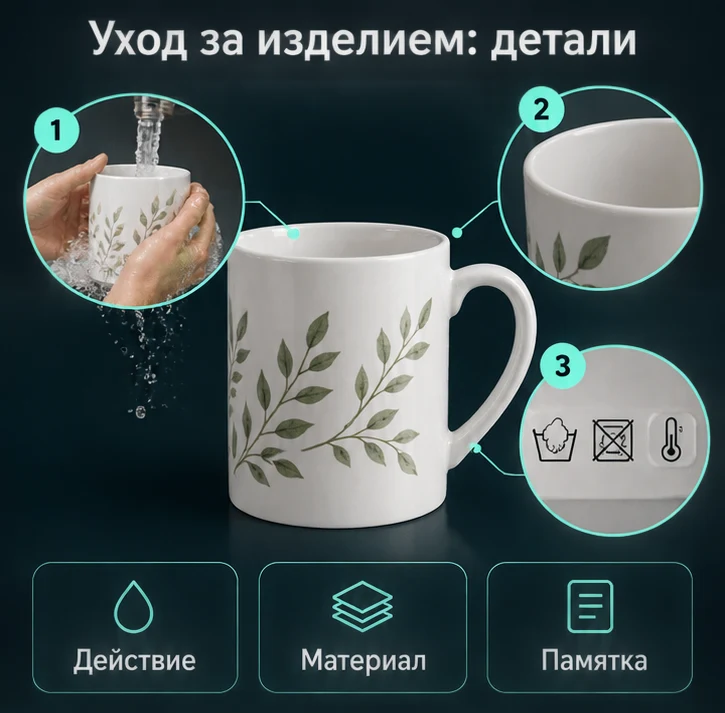 Уход за изделием: Действие, Материал, Памятка — визуальные ориентиры проверки