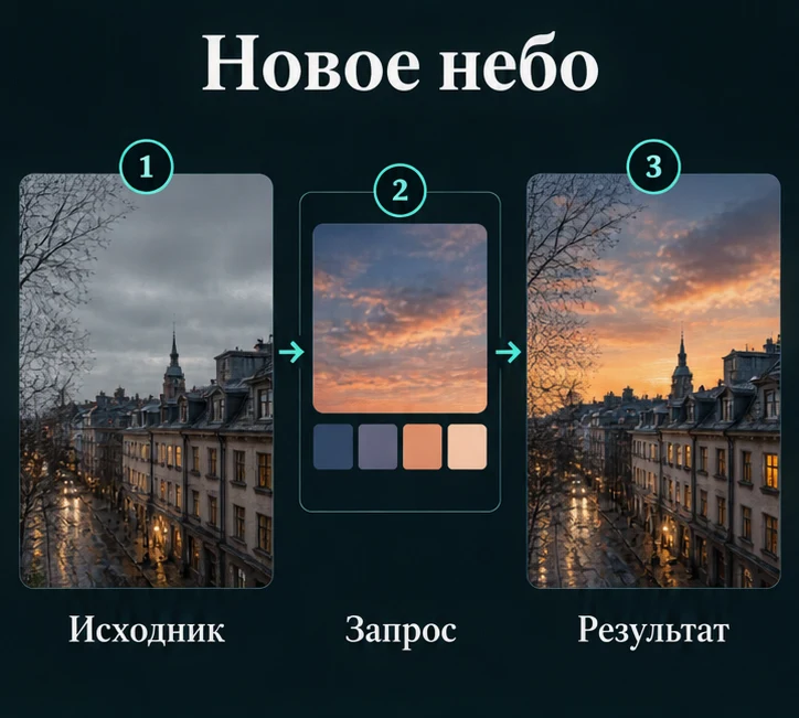 Заменить небо на фотографии с ИИ: Подготовить исходник → Настроить запрос → Проверить результат