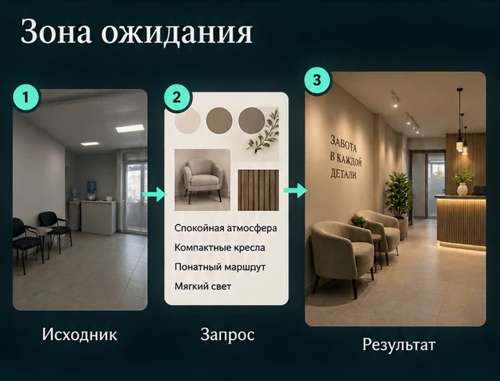 Дизайн зоны ожидания с помощью ИИ: Подготовить исходник → Настроить запрос → Проверить результат