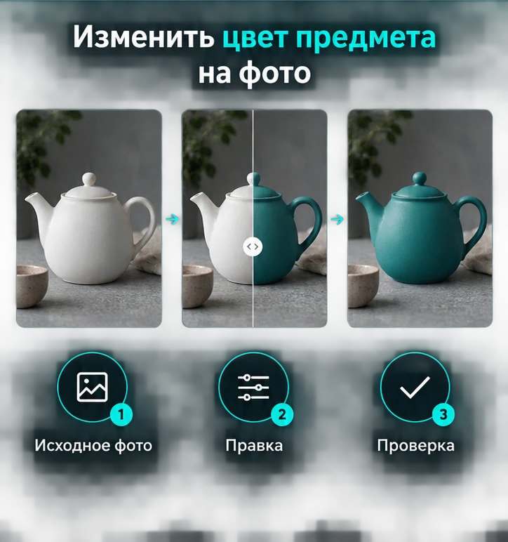 Изменить цвет предмета на фото: Исходное фото → Правка → Проверка