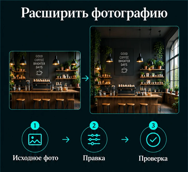 Расширить фотографию с помощью ИИ: Исходное фото → Правка → Проверка