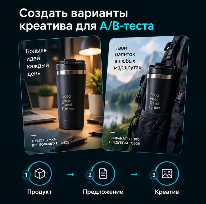 Создать варианты креатива для A/B-теста: Продукт → Предложение → Креатив