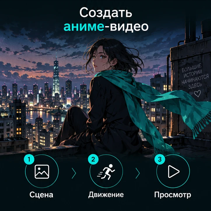 Создать аниме-видео с ИИ: Сцена → Движение → Просмотр