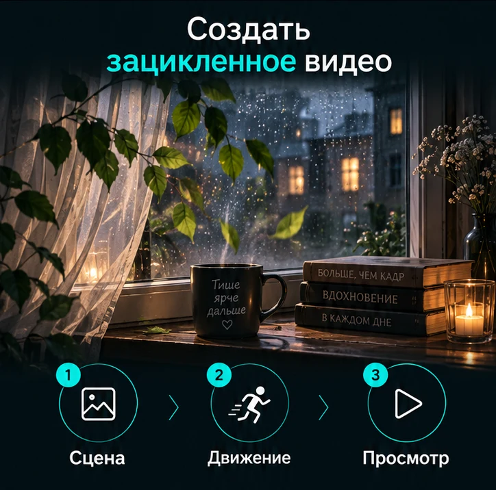 Создать зацикленное видео с ИИ: Сцена → Движение → Просмотр