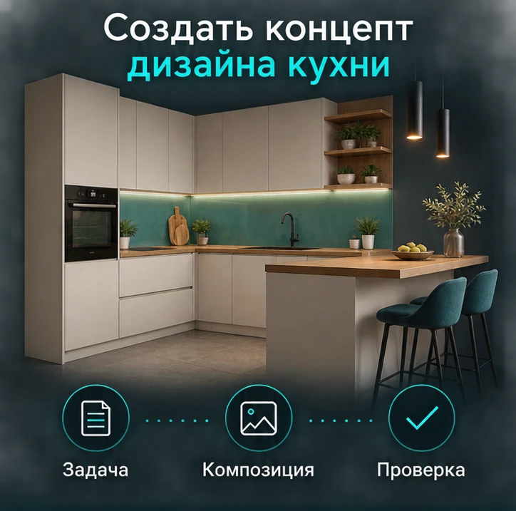 Создать концепт дизайна кухни: Задача → Композиция → Проверка