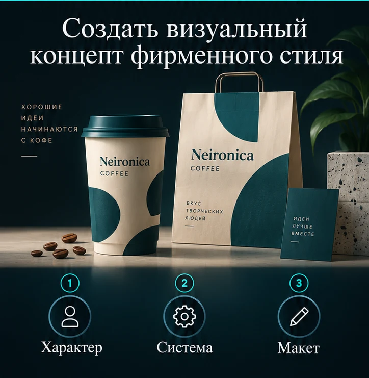 Создать визуальный концепт фирменного стиля: Характер → Система → Макет