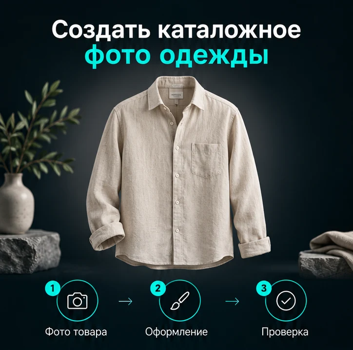 Создать каталожное фото одежды: Фото товара → Оформление → Проверка