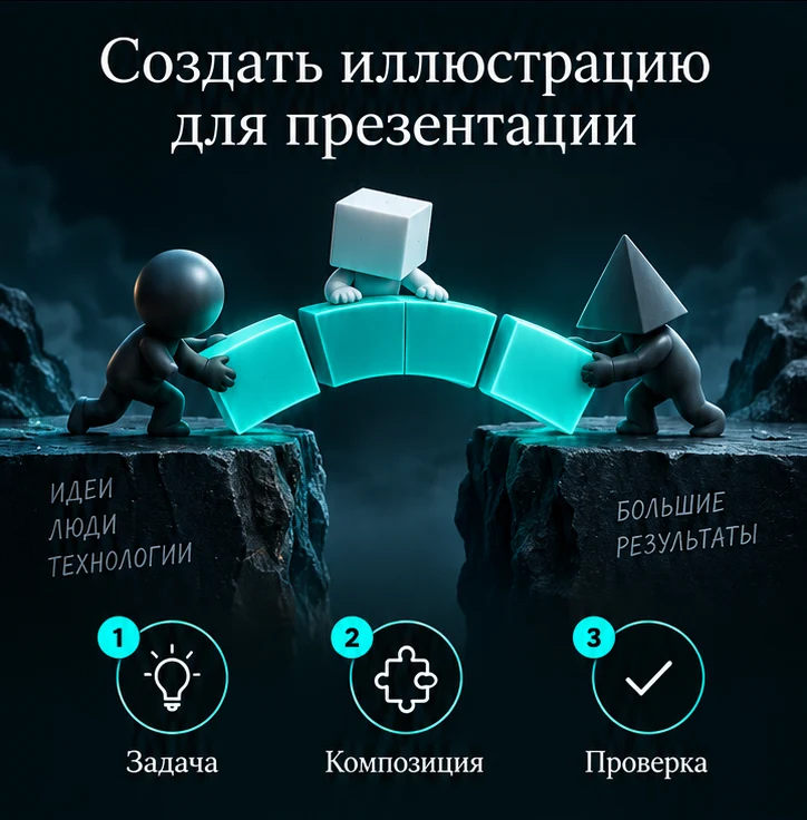Создать иллюстрацию для презентации: Задача → Композиция → Проверка