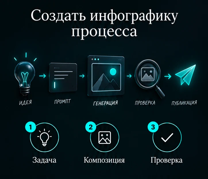 Создать инфографику процесса с ИИ: Задача → Композиция → Проверка