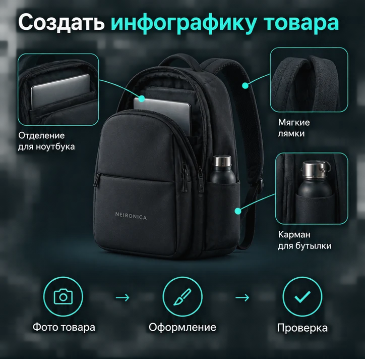 Создать инфографику товара с ИИ: Фото товара → Оформление → Проверка