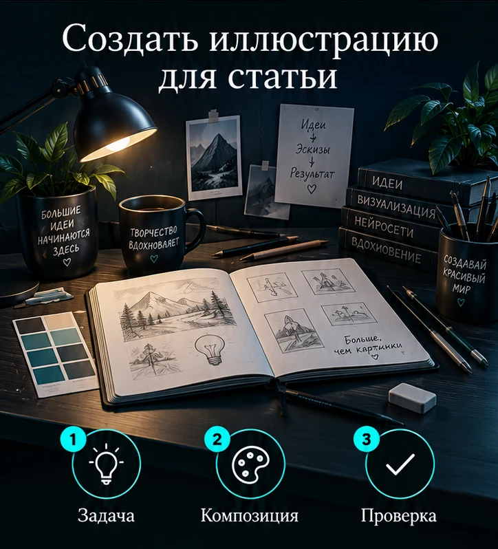 Создать иллюстрацию для статьи с ИИ: Задача → Композиция → Проверка