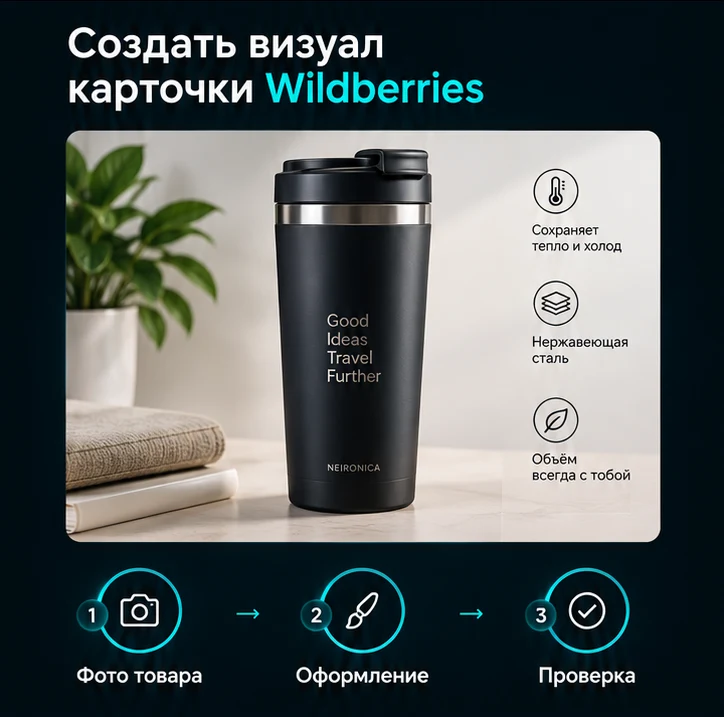 Создать визуал карточки Wildberries: Фото товара → Оформление → Проверка