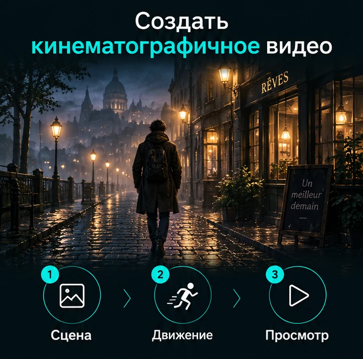 Создать кинематографичное видео с ИИ: Сцена → Движение → Просмотр
