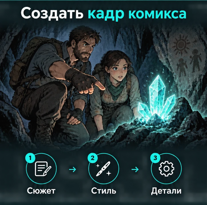 Создать кадр комикса с ИИ: Сюжет → Стиль → Детали